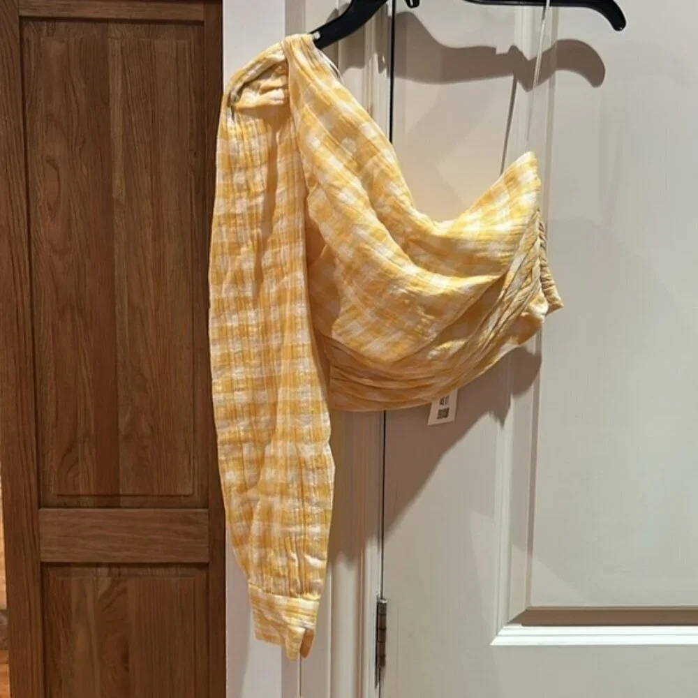 NWT ZARA yellow gingham one shoulder xs crop top picnic plaid
